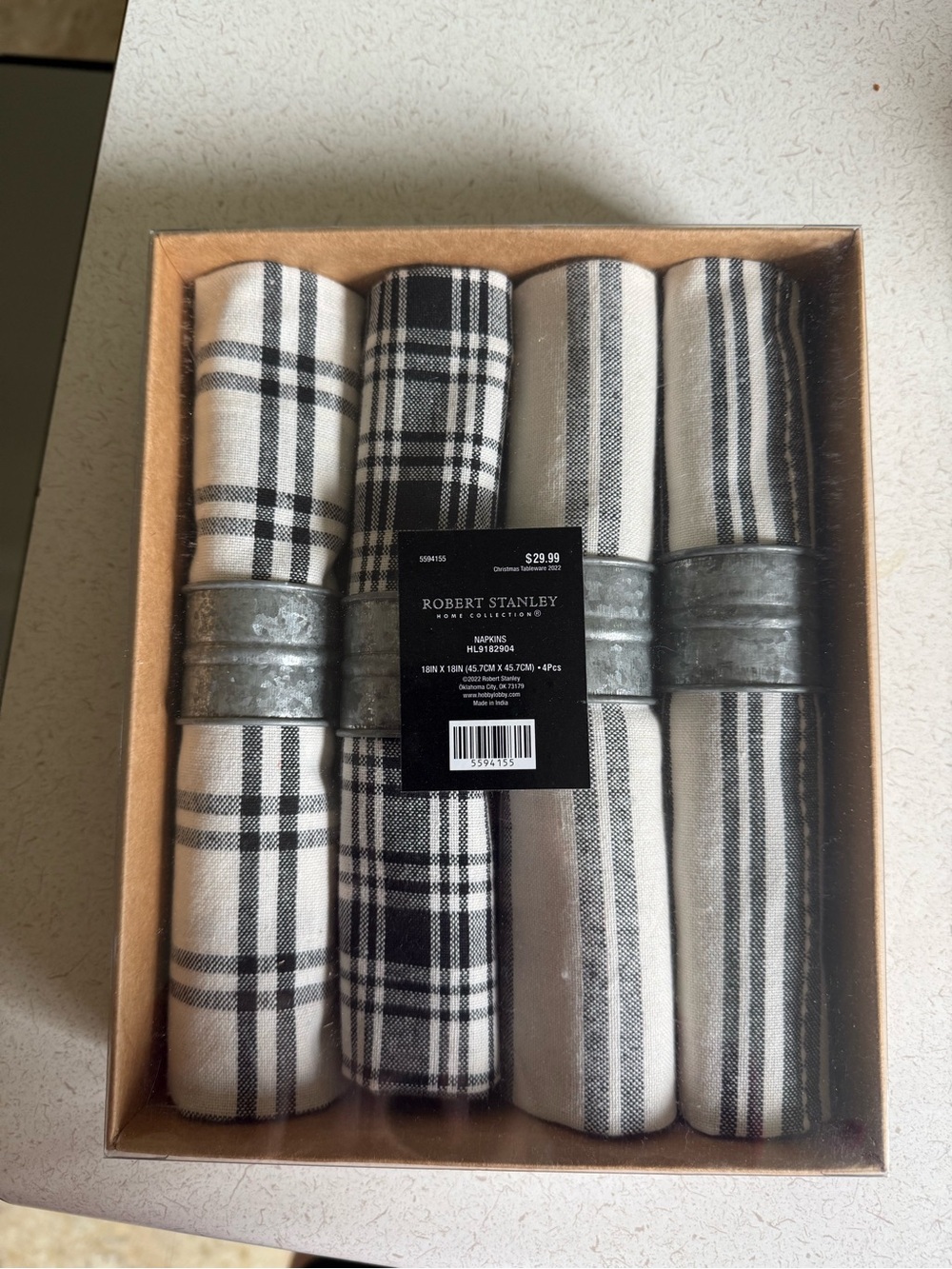 Robert Stanley Black & White Plaid Cotton Napkin Set